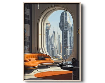 Mid-Century Retro Futuristic Interior Art - Sci-Fi Cityscape View | Space Age Apartment with Vintage Classic Furniture Art Print | Utopian