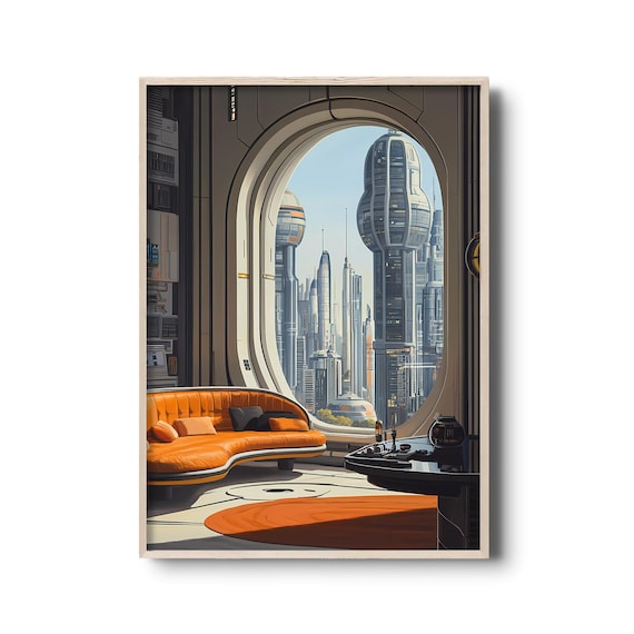 Mid-Century Retro Futuristic Interior Art - Sci-Fi Cityscape View | Space Age Apartment with Vintage Classic Furniture Art Print | Utopian