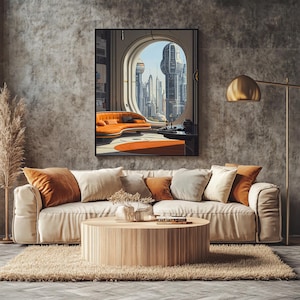 Pode incluir: Uma sala de estar moderna com um sof&aacute; bege, almofadas laranja e creme, uma mesa de centro de madeira e uma obra de arte emoldurada retratando uma cidade futurista. Uma lumin&aacute;ria de ch&atilde;o dourada e um tapete bege completam a cena.