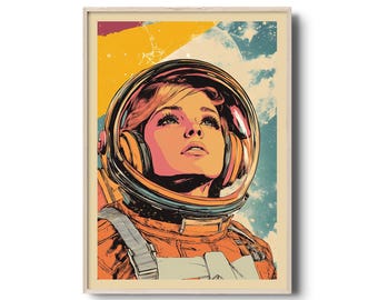 Retro Astronaut Girl Art Print - Vibrant Space Age-Inspired Wall Decor - Framed Pop Art Illustration - Mid-Century Vintage Style