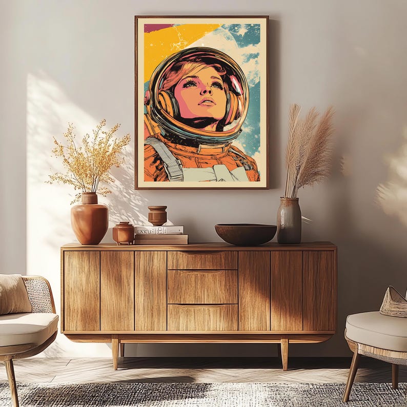Retro Astronaut Girl Art Print - Vibrant Space Age-inspired Wall Decor ...