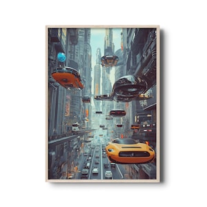 Cyberpunk Future City Print - Flying Cars in Futuristic Metropolis Art - Sci-Fi Urban Landscape Wall Decor, Neon Cityscape Poster