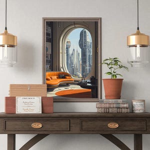 Pode incluir: Uma obra de arte emoldurada retrata uma paisagem urbana futurista vista atrav&eacute;s de uma grande janela arqueada. Um sof&aacute; e um tapete laranja s&atilde;o vis&iacute;veis dentro da sala. Uma mesa de madeira exibe uma planta, livros e caixas decorativas. Duas l&acirc;mpadas pendentes douradas pendem.