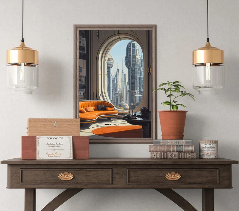 Pode incluir: Uma obra de arte emoldurada retrata uma paisagem urbana futurista vista atrav&eacute;s de uma grande janela arqueada. Um sof&aacute; e um tapete laranja s&atilde;o vis&iacute;veis dentro da sala. Uma mesa de madeira exibe uma planta, livros e caixas decorativas. Duas l&acirc;mpadas pendentes douradas pendem.