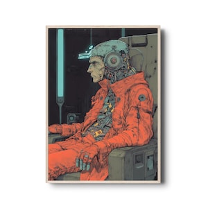 Homem cibernético que vive para sempre, impressão de arte de ficção científica cyberpunk sombria, ilustração distópica futurista, decoração de parede de imortalidade pós-humana