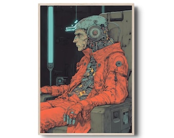 Hombre cibernético que vive para siempre, lámina de ciencia ficción ciberpunk oscura, ilustración distópica futurista, decoración de pared de inmortalidad poshumana
