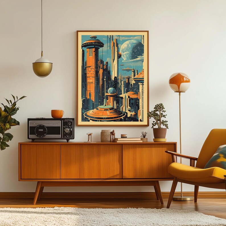 K&ouml;nnte beinhalten: Ein Plakat im Retro-Stil mit einer futuristischen Stadtlandschaft mit hohen Geb&auml;uden, fliegenden Fahrzeugen und einem gro&szlig;en Planeten im Hintergrund. Das Plakat hat eine Vintage-Farbpalette mit Blaut&ouml;nen, Orange und Gelb.