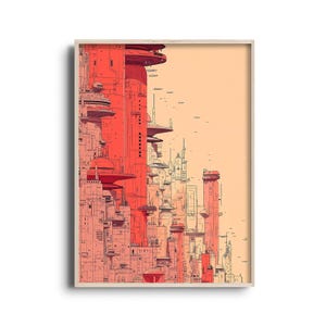 Retro Futuristic Cityscape Art - Minimalist Sci-Fi Architecture Print - Mid-Century Modern Inspired Wall Art - Coruscant Style Decor