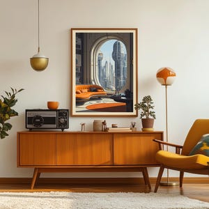 Pode incluir: Uma sala de estar de estilo retro com uma obra de arte emoldurada que retrata uma paisagem urbana futurista. A sala inclui um sof&aacute; laranja, um arm&aacute;rio de madeira, um r&aacute;dio vintage e uma poltrona amarela. Uma l&acirc;mpada pendente dourada e branca pende do teto.