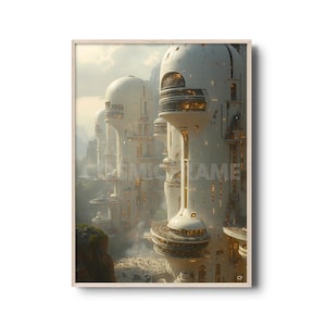 May include: A framed print of a futuristic city with tall, white, cylindrical buildings. The buildings have rounded tops and multiple levels with windows. The print has a light wood frame and the text "ALOMIC FRAME" is visible on the buildings.