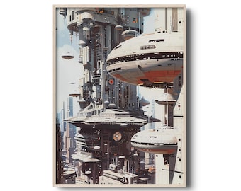 Futuristic Sci-Fi Cityscape Art Print – High Tech Futuristic Building Poster, Retro Futurism Wall Art, Sci-Fi Home Decor, Space Landscape