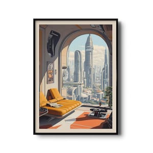 Póster de viaje de ciencia ficción inspirado en Coruscant: ilustración de paisaje urbano de Star Wars / Interior moderno de mediados de siglo con horizonte de ciencia ficción y retrofuturismo