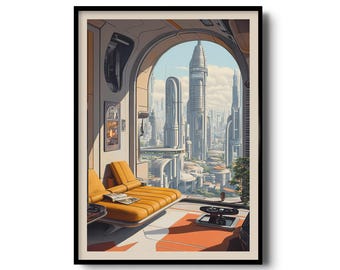 Coruscant Inspired Sci-Fi Travel Poster - Star Wars Cityscape Illustration | Mid-Century Modern Interior with Sci-Fi Skyline, Retro-Futurism