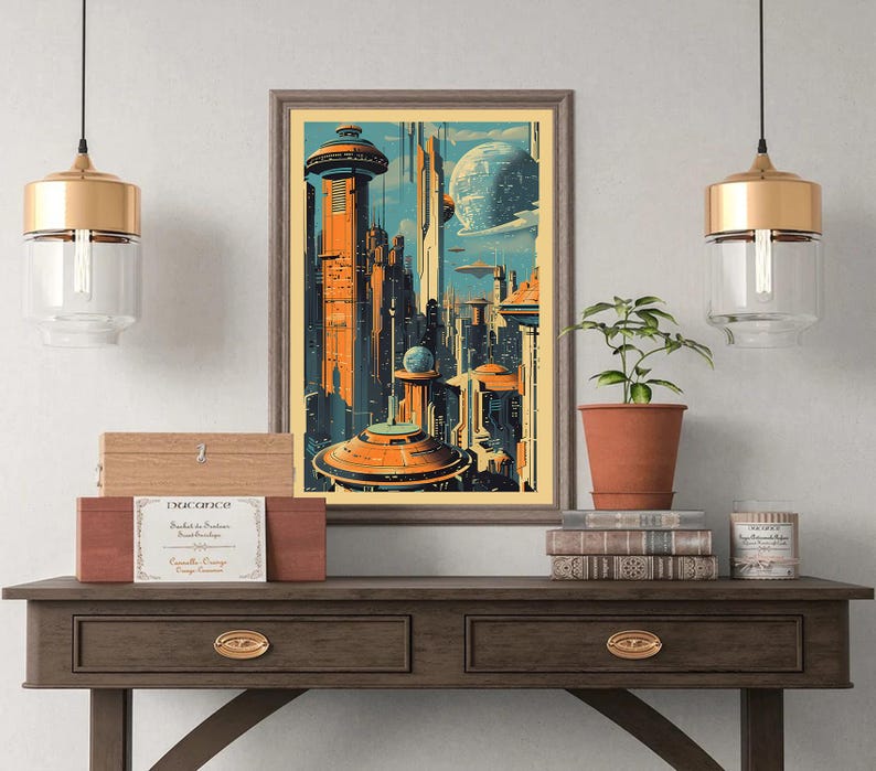 K&ouml;nnte beinhalten: Ein Vintage-Poster mit einer futuristischen Stadtlandschaft mit hohen Geb&auml;uden, einer fliegenden Untertasse und einem gro&szlig;en Mond im Hintergrund. Das Poster ist in einem braunen Holzrahmen gerahmt und h&auml;ngt an einer wei&szlig;en Wand.