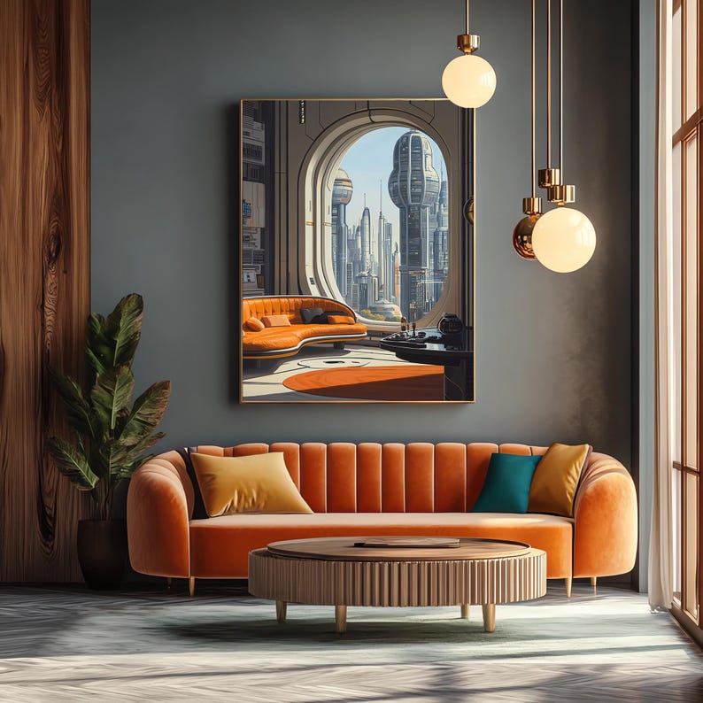 Pode incluir: Uma sala de estar moderna com um sof&aacute; de veludo laranja, almofadas, uma mesa de centro redonda de madeira e uma obra de arte emoldurada retratando uma cidade futurista. O quarto inclui uma planta grande e lumin&aacute;rias penduradas.