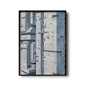 Stampa di architettura fantascientifica retro-futuristica / Arte murale minimalista di paesaggio urbano cibernetico / Decorazione di design industriale vintage / Cyberpunk minimalista