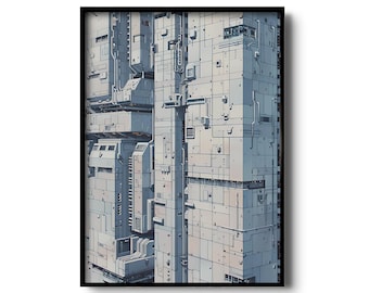 Retro-futurystyczny wydruk z architekturą science fiction | Minimalistyczna sztuka ścienna z cybernetycznym krajobrazem | Dekoracja w stylu vintage industrialnym | Minimalistyczny cyberpunk
