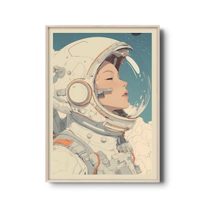 Stampa artistica da parete con ragazza astronauta, illustrazione retrò a tema spaziale, decorazione futuristica con astronauta - Retro-Anime in estetica vintage neutra
