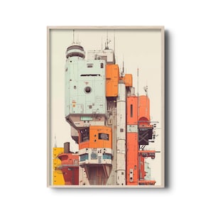 Futuristische Sci-Fi Stadtbild Kunst | Retro Cyberpunk Architektur Druck | Minimalistisches Industriedesign-Dekor | Futuristisches urbanes Gebäude