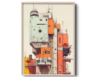 Arte mural de paisaje urbano futurista de ciencia ficción / Impresión de arquitectura ciberpunk retro / Decoración de diseño industrial minimalista / Edificio urbano futurista