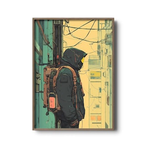 May include: A person wearing a dark hooded jacket and a large backpack walks down a narrow alleyway. The alleyway is lined with buildings and has many electrical wires running overhead. The person is looking down and appears to be lost in thought.