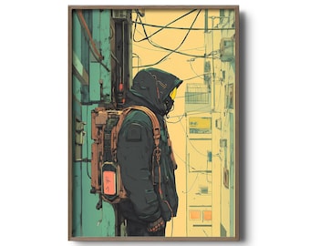 Urban Survivor in Cyberpunk Alley – Futuristic Techwear Sci-Fi Art Print, Dystopian Illustration, Post-Apocalyptic Wall Decor