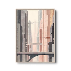 Lámina artística de paisaje urbano futurista de mediados de siglo: arte mural urbano minimalista retro, póster de arquitectura de ciencia ficción vintage, tonos neutros