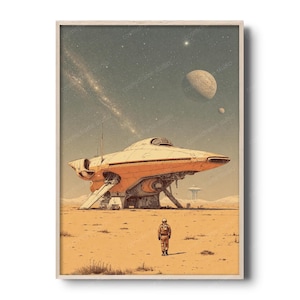 May include: A framed art print featuring a retro-futuristic scene. An orange spacecraft sits on a desert planet under a starry sky with a large moon. A lone figure stands in the foreground, adding scale to the artwork.