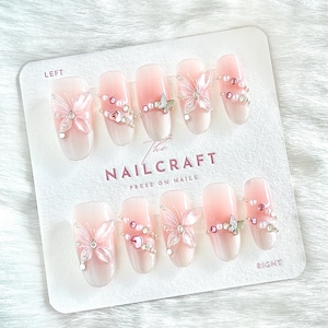 Butterfly Kiss Press On Nails | Pink Butterfly | Crystal Pearl Accent Nails | Long Reusable Soft Gel Nails | Elegant and Glam Manicure
