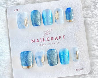 Blue Chrome Press On Nails: Ocean Eyes with Gold Accents