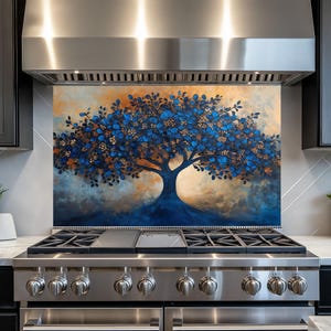 Dosseret en verre trempé bleu arbre de vie, dosseret de cuisine derrière la cuisinière, dosseret en verre pour la cuisine, dosseret de poêle rustique