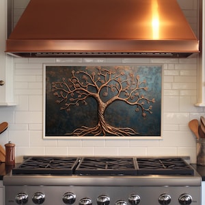 Dosseret en verre trempé Tree of Life, cuivre, dosseret de cuisine derrière la cuisinière, dosseret en verre pour la cuisine, dosseret de poêle rustique