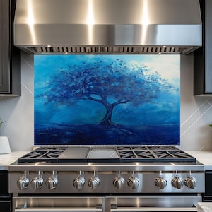 Dosseret en verre trempé bleu arbre de vie, dosseret de cuisine derrière la cuisinière, dosseret en verre pour la cuisine, dosseret de poêle rustique