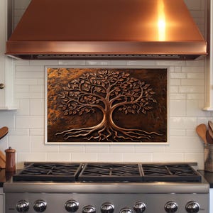 Dosseret en verre trempé Tree of Life, cuivre, dosseret de cuisine derrière la cuisinière, dosseret en verre pour la cuisine, dosseret de poêle rustique