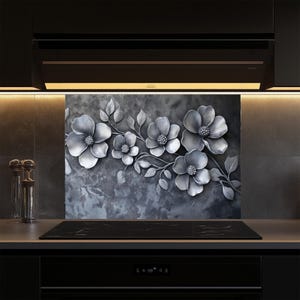 Silver Flowers Tempered Glass Kitchen Backsplash Tile,Stove Backsplash for Kitchen,Kitchen Decor,Stove Back Cover,Backsplashes,Splashback