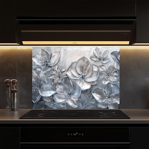 Silver Flowers Tempered Glass Kitchen Backsplash Tile,Stove Backsplash for Kitchen,Kitchen Decor,Stove Back Cover,Backsplashes,Splashback