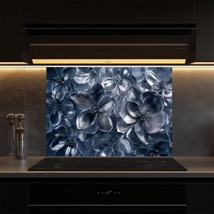 Silver Flowers Tempered Glass Kitchen Backsplash Tile,Stove Backsplash for Kitchen,Kitchen Decor,Stove Back Cover,Backsplashes,Splashback