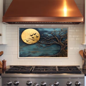 Arbre et lune, dosseret en verre trempé, dosseret de cuisine derrière le poêle, dosseret en verre pour la cuisine, dosseret de poêle rustique