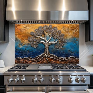 Panneau de dosseret en verre trempé Tree of Life, dosseret de cuisine derrière la cuisinière, dosseret en verre pour la cuisine, dosseret de poêle rustique