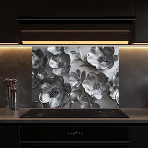 Silver Flowers Tempered Glass Kitchen Backsplash Tile,Stove Backsplash for Kitchen,Kitchen Decor,Stove Back Cover,Backsplashes,Splashback