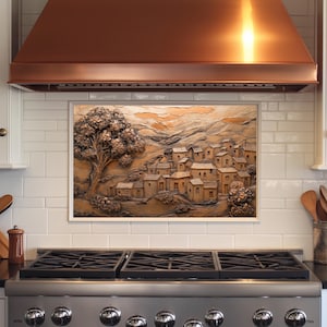 Copper Village Tempered Glass Backsplash Panel,Kitchen Backsplash Behind Stove,Glass Backsplash for Kitchen,Rustic Stove Backsplash