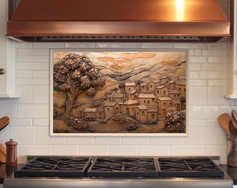 Panel przeciwbryzgowy Copper Village ze szkła hartowanego, Panel przeciwbryzgowy kuchenny za kuchenką, Szklany panel przeciwbryzgowy do kuchni, Rustykalny panel przeciwbryzgowy do kuchenki