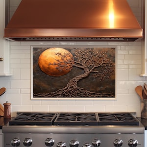 Dosseret en verre trempé sapin et lune, dosseret de cuisine derrière la cuisinière, dosseret en verre pour la cuisine, dosseret de poêle rustique