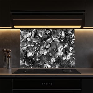 Silver Flowers Tempered Glass Kitchen Backsplash Tile,Stove Backsplash for Kitchen,Kitchen Decor,Stove Back Cover,Backsplashes,Splashback