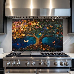 Arbre de vie, dosseret en verre trempé, dosseret de cuisine derrière la cuisinière, dosseret en verre pour la cuisine, dosseret de poêle rustique, crédence