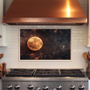 Dosseret en verre trempé Copper Moon, Dosseret de cuisine derrière le poêle, Dosseret en verre pour la cuisine, Dosseret de poêle rustique