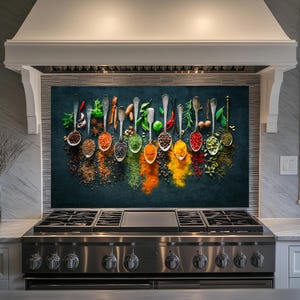 Dosseret en verre trempé Spice Kitchen, Dosseret de cuisine derrière la cuisinière, Dosseret en verre pour la cuisine, Dosseret de poêle rustique, Crédence