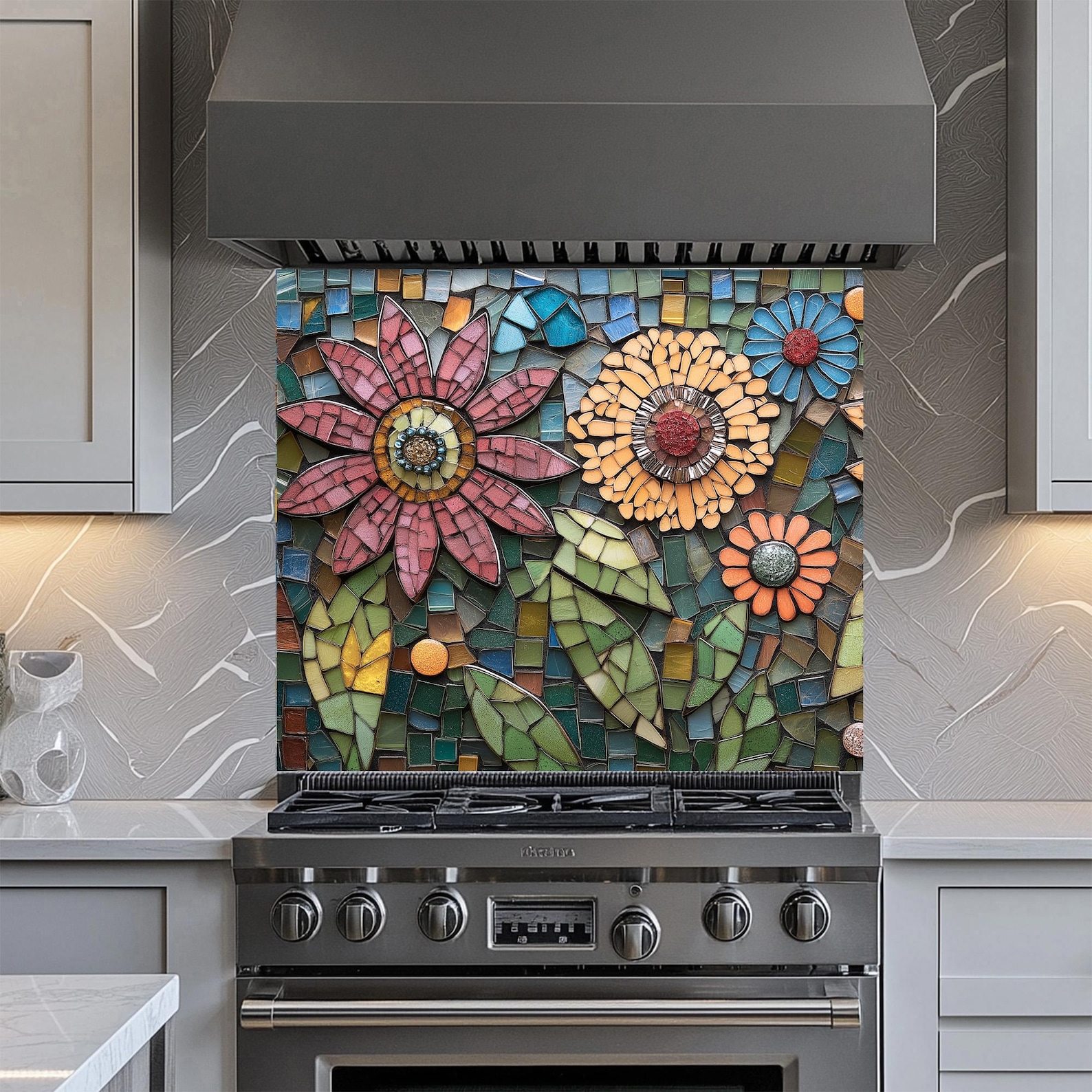 Mosaic Flowers Tempered Glass Kitchen Backsplash Tile,stove Backsplash