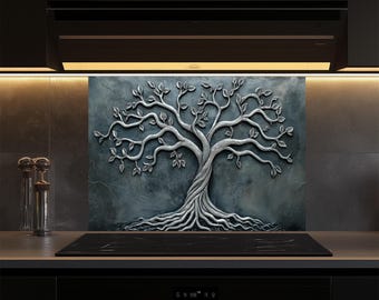 Srebrne Drzewo Życia Hartowane Szkło Kuchenne Płytki Backsplash, Backsplash Kuchenki do Kuchni, Wystrój Kuchni, Pokrywa Tylna Kuchenki, Backsplashes