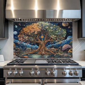 Arbre de vie, dosseret en verre trempé, dosseret de cuisine derrière la cuisinière, dosseret en verre pour la cuisine, dosseret de poêle rustique, crédence